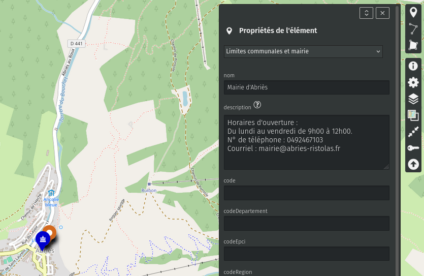 Capture d’écran du formulaire d’édition pour la mairie