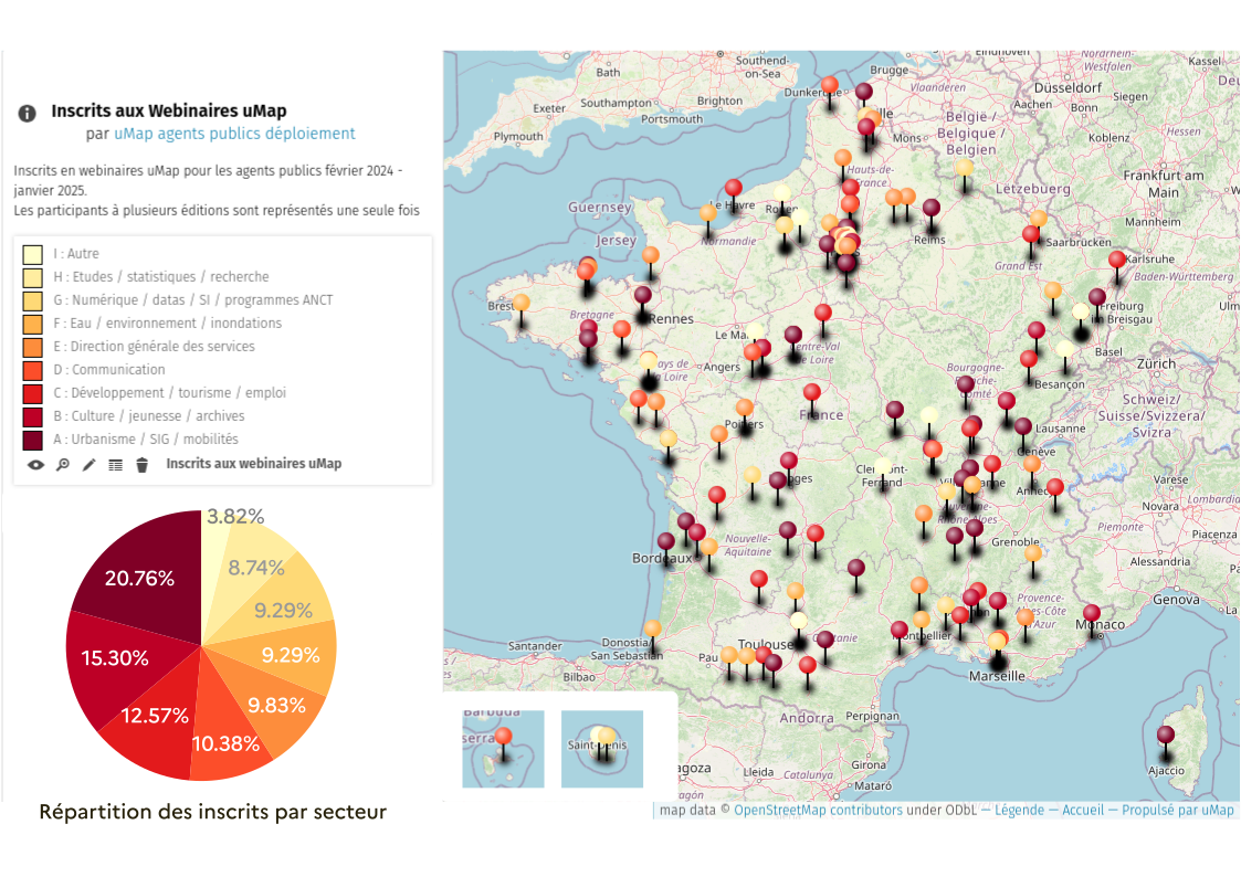 Carte de la répartition géographiques des inscrits au webinaire uMap.